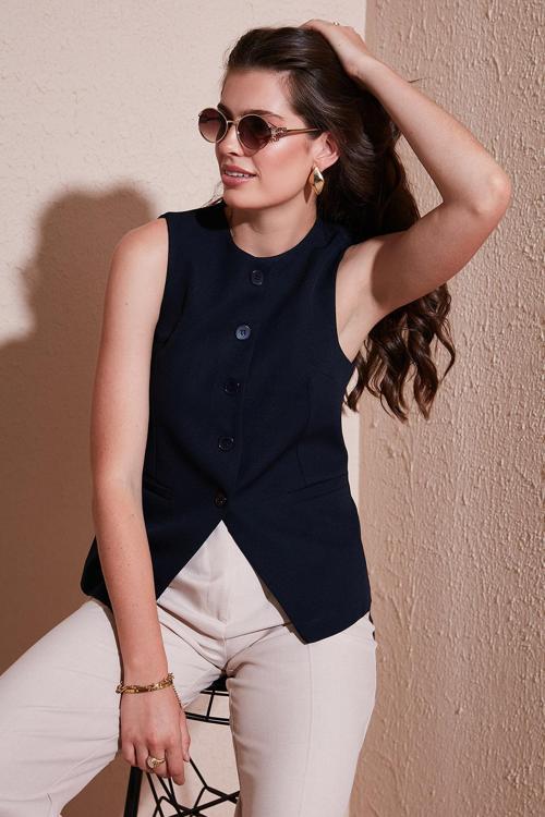 Regular Fit Bisiklet Yaka Kolsuz Düğmeli Basic Bluz Bayan Yelek 65200004 LACİVERT