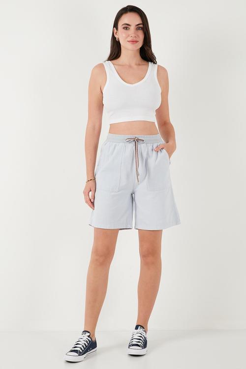 Pamuklu Relaxed Fit Yüksek Bel Cepli Mini Bayan Şort 668YP5384 BEBE MAVİ