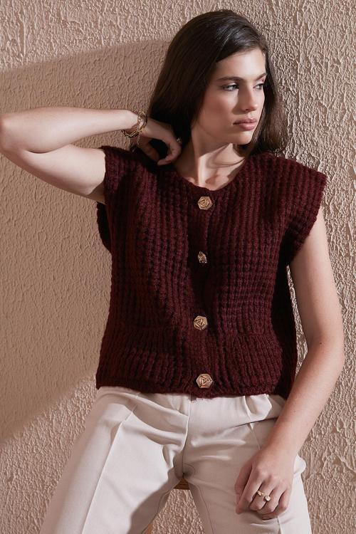 Premium Oversize Fit Bisiklet Yaka Düğmeli Örgü Bayan Yelek 680YL1416 BORDO