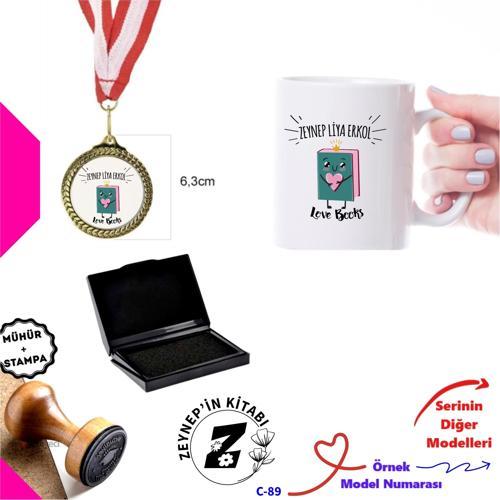 Kişiye Özel Loves Book Seti - Kitap Damgası, Madalya ve Kupa Bardak C Serisi