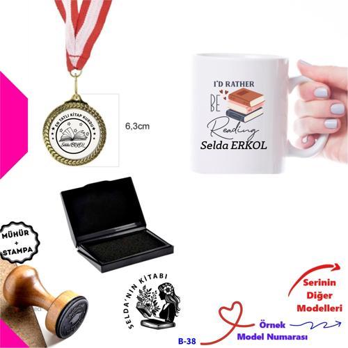 Kişiye Özel Kitap Damgası Seti - Ahşap Mühür, Madalya ve Kupa Bardak B Serisi