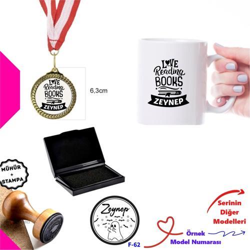 Kişiye Özel İsimli Kitapsever Seti - Ahşap Mühür, Madalya ve Kupa Bardak F Serisi