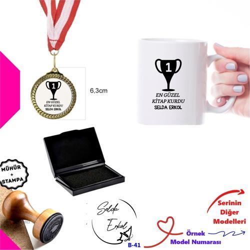 Kişiye Özel Kitap Kurdu Seti - Ahşap Mühür, Madalya ve Kupa Bardak B Serisi