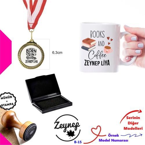 Kişiye Özel İsim Yazılı Kitap Temalı Hediye Seti - Ahşap Mühür, Madalya ve Kupa Bardak B Serisi