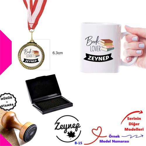 Kişiye Özel Book Lover Seti - Kitap Damgası, Madalya ve Kupa Bardak B Serisi