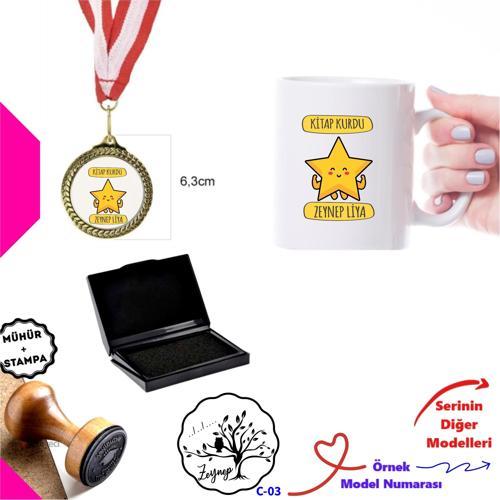 Kişiye Özel Kitap Kurdu Hediye Kutusu - Kitap Mührü, Madalya ve Kupa Bardak C Serisi