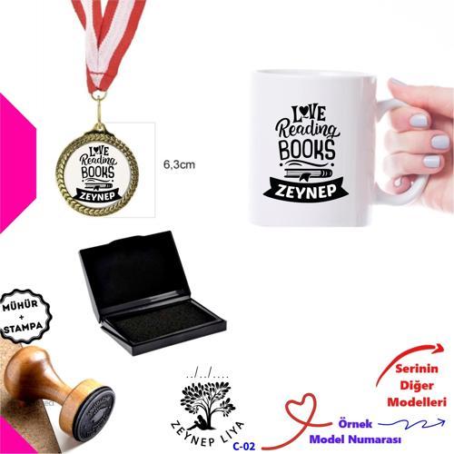Kişiye Özel Love Books Hediye Kutusu - Kitap Mührü, Madalya ve Kupa Bardak C Serisi