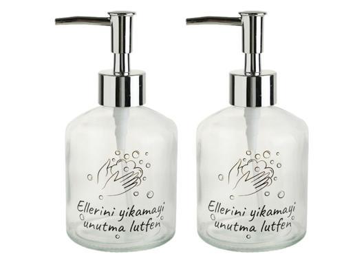 2 ADET CAM SIVI SABUNLUK,LÜTFEN YAZILI 300ML BANYO SETİ  7,6X15,5CM