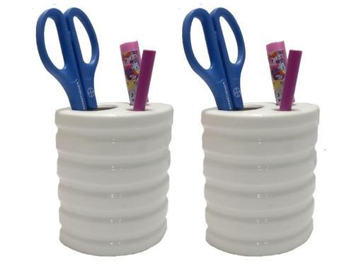 2 ADET KALEMLİK OVAL ÇİZGİLİ MODEL SERAMİK OFİS GERECİ  9X6X11CM