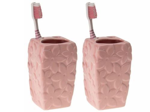 2 ADET SERAMİK DİŞ FIRÇALIK ÇİÇEKLİ PEMBE MODEL 7X7X12CM BANYO SETİ