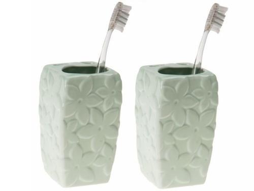 2 ADET SERAMİK DİŞ FIRÇALIK ÇİÇEKLİ SU YEŞİLİ 7X7X12CM  BANYO SETİ  