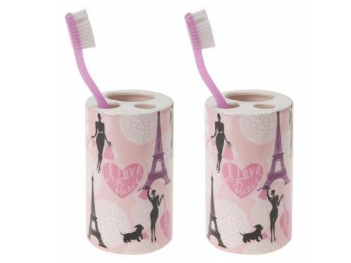 2 ADET SERAMİK DİŞ FIRÇALIK KIZLI PARİS DESENLİ 7X7X11CM BANYO SETİ  