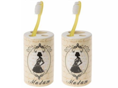 2 ADET SERAMİK DİŞ FIRÇALIK MADAM DESENLİ 7X7X11CM BANYO SETİ