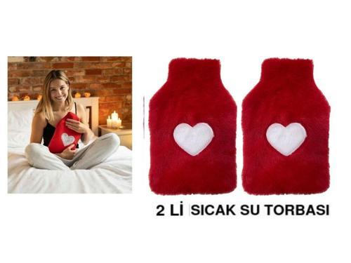 2 ADET SICAK SU TORBASI PELUŞ KALPLİ,KIRMIZI TERMOFOR 27X17X2CM 1 LİTRE