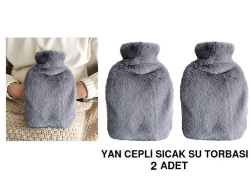 2 ADET SICAK SU TORBASI YAN CEPLİ GRİ PELUŞ TERMOFOR 27x17x2cm 1 LİTRE