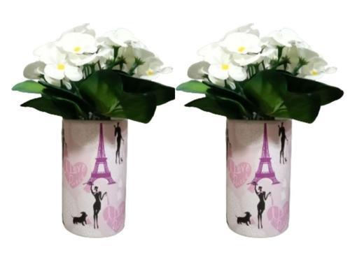 2 ADET VAZO DAHİL,VAZODA ÇİÇEK,BEYAZ YAPAY ÇİÇEK,VAZO DEKORATİF KIZLI PARİS DESENLİ 7X7X16CM