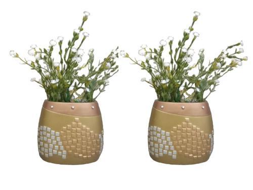 2 ADET VAZO DAHİL,VAZODA ÇİÇEK,BEYAZ YAPAY ÇİÇEK,VAZO DEKORATİF ALTIN MOZAİK POLİRESİN 10X15X5CM 