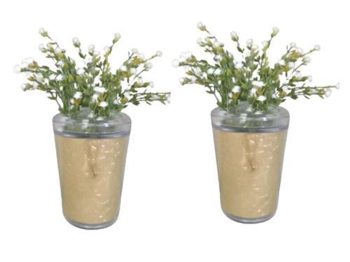 2 ADET VAZO DAHİL,VAZODA ÇİÇEK,BEYAZ YAPAY ÇİÇEK,VAZO DEKORATİF ALTIN YAPRAK 9X9X17CM 