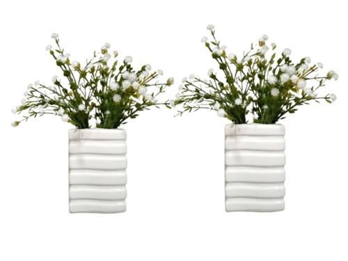 2 ADET VAZO DAHİL,VAZODA ÇİÇEK,BEYAZ YAPAY ÇİÇEK,VAZO DEKORATİF KARE ÇİZGİLİ 8X6X16CM