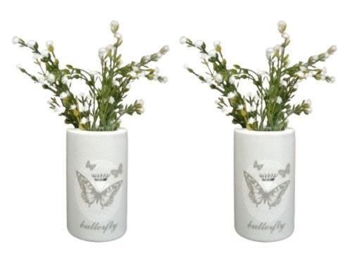 2 ADET VAZO DAHİL,VAZODA ÇİÇEK,BEYAZ YAPAY ÇİÇEK,VAZO DEKORATİF KELEBEK DESENLİ 7X7X16CM