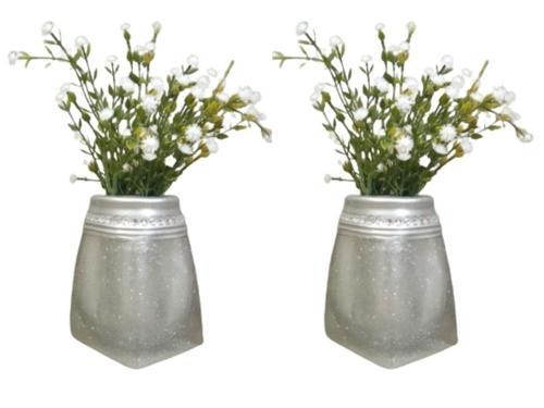2 ADET VAZO DAHİL,VAZODA ÇİÇEK,BEYAZ YAPAY ÇİÇEK,VAZO DEKORATİF KRİSTAL TAŞLI GÜMÜŞ POLİRESİN 7X7X15CM 