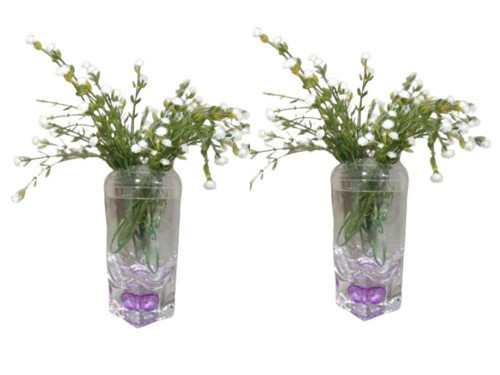 2 ADET VAZO DAHİL,VAZODA ÇİÇEK,BEYAZ YAPAY ÇİÇEK,VAZO DEKORATİF MOR DAMLALI 6X6X19CM