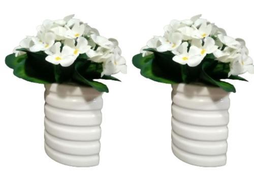 2 ADET VAZO DAHİL,VAZODA ÇİÇEK,BEYAZ YAPAY ÇİÇEK,VAZO DEKORATİF OVAL ÇİZGİLİ 9X6X16CM 