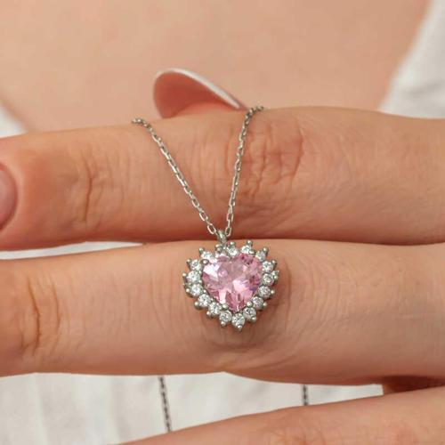 Gümüş Pembe Taşlı Kalp Kadın Kolye (BC-3DAFA7)