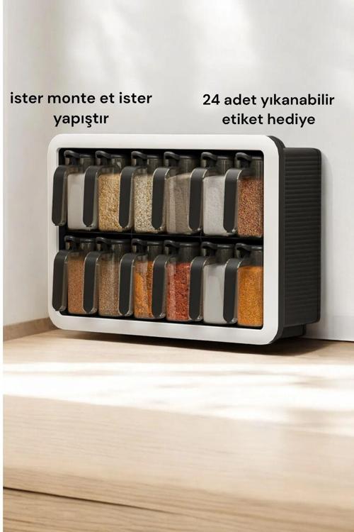 Standlı 12li Kendinden Yapışkanlı Kaşıklı Etiketli Kapaklı Baharatlık Takımı