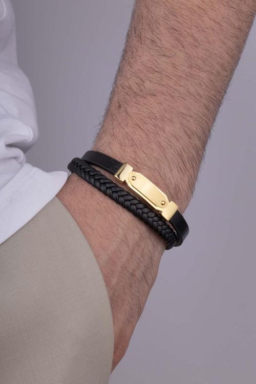 Altın Kaplama Çelik Aparatlı 2 Parçalı Erkek Deri Bileklik