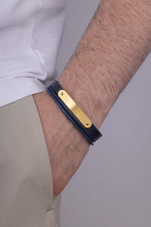 Altın Kaplama Çelik Aparatlı Lacivert Deri Erkek Bileklik