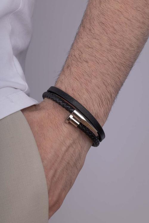 Çelik Aparatlı İğne Model Erkek Deri Bileklik