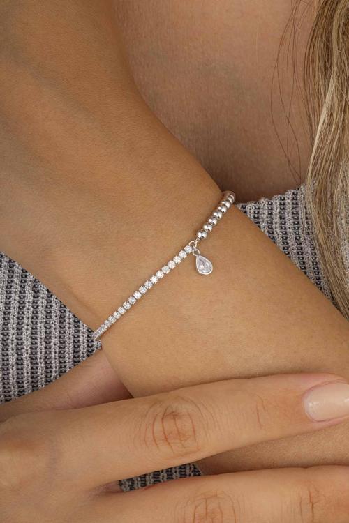 Damla Figürlü Top ve Tektaş Geçişli Kadın Gümüş Bileklik