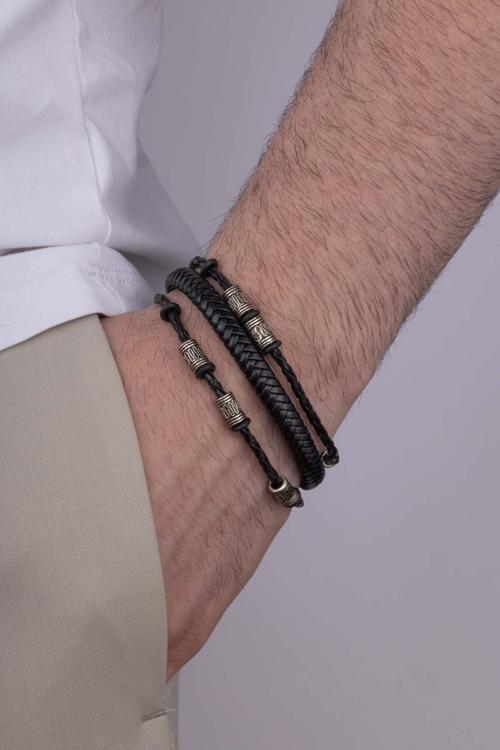 Figürlü Örgü Model Çift Sıra Erkek Deri Bileklik