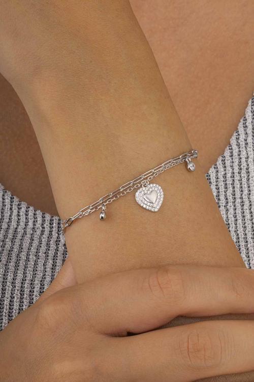 Kalp Figürlü Çift Zincirli Kadın Gümüş Charm Bileklik