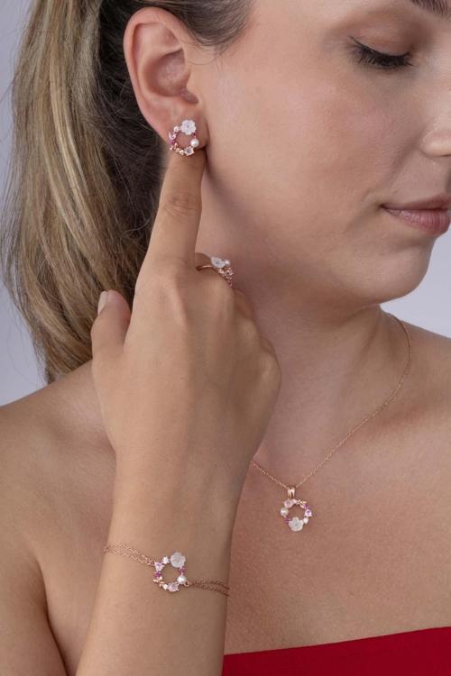 Manolya Çiçeği İnci Taneli Dörtlü Kadın Gümüş Set