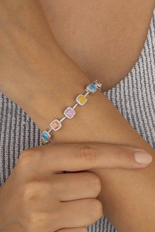 Renkli Taşlı Sıralı Tektaş 925 Ayar Gümüş Kadın Bileklik