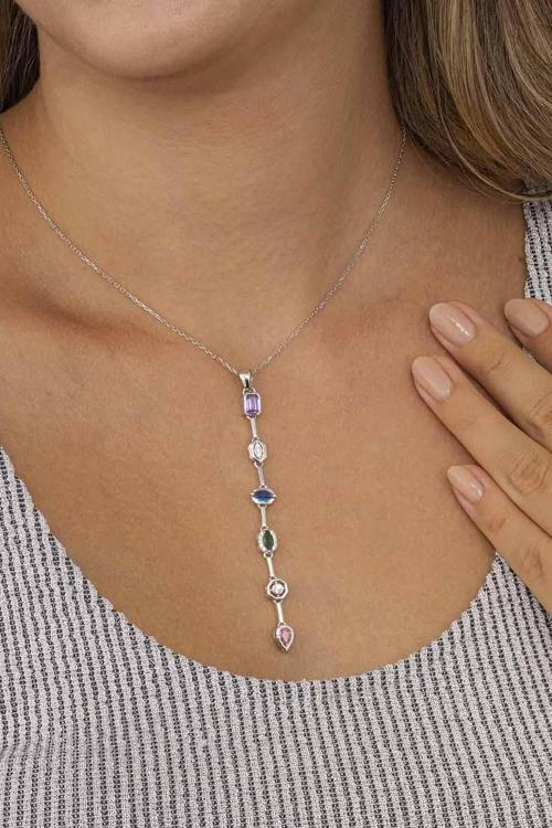 Renkli Taşlı Süzme Kadın Gümüş Kolye