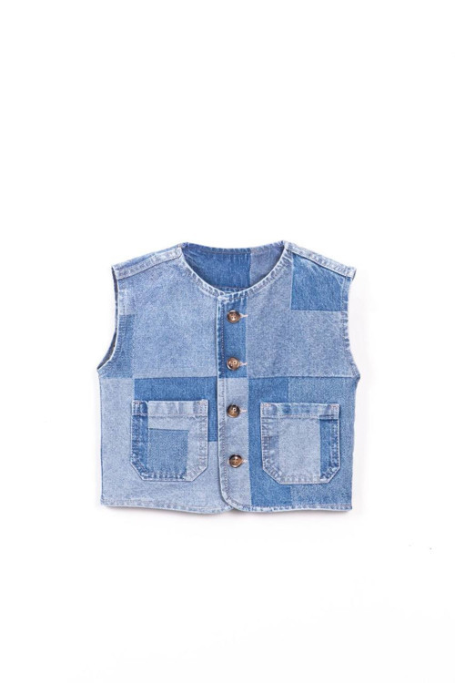 La Ciel Paris Çocuk Denim Yelek – Patchwork Tasarım, Düğmeli
