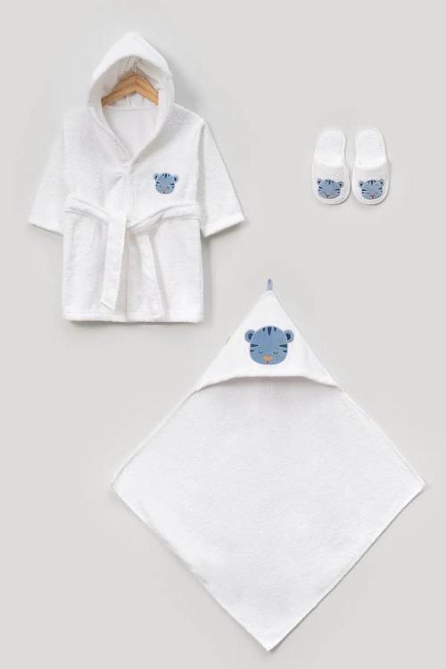 %100 Pamuk Sevimli Kaplan Desenli %100 Pamuk Bebek Bornoz Seti 0-2 Yaş Kutulu BBTF.BYZ.30056