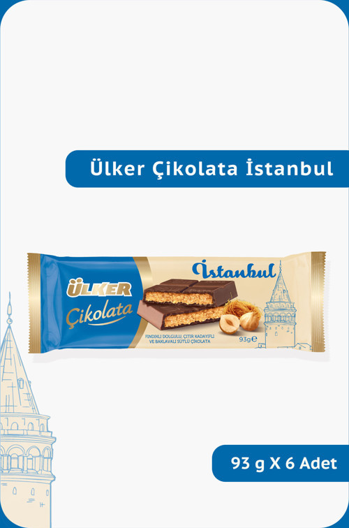 Çikolata İSTANBUL - Fındıklı Dolgulu, Çıtır Kadayıflı ve Baklavalı Çikolata - 93 gram - 6 Adet