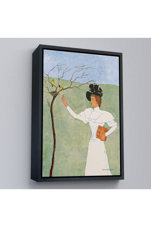 Ahşap Çerçeveli Edward Penfield - Kuşlara Uzanan Kadın Tablo-8045