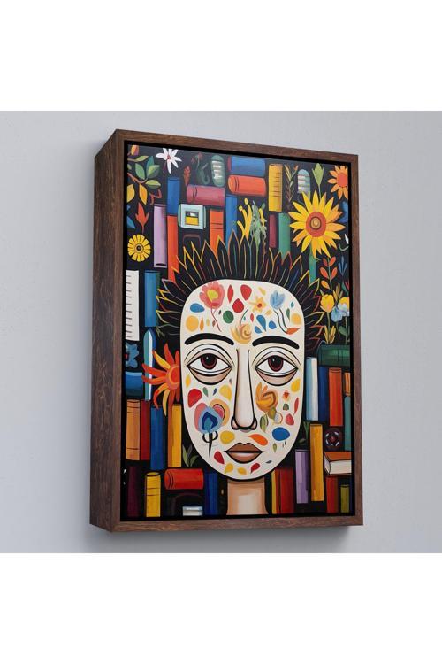 Ahşap Çerçeveli Renkli Çiçek Yüzlü Kadın Tablosu-8019