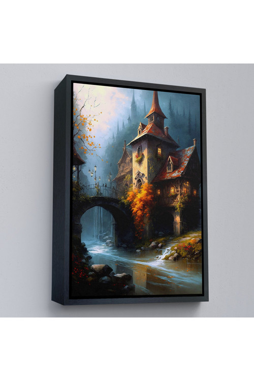 Ahşap Çerçeveli Nehir KeOxyteeztabloındaki Şato Tablosu-7995