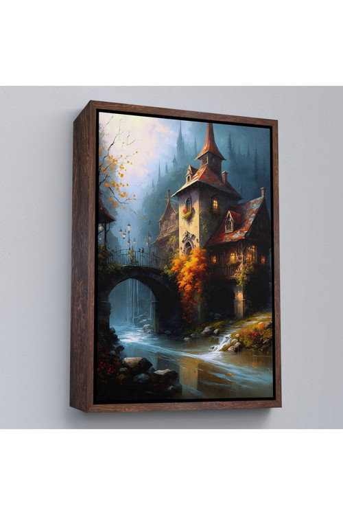 Ahşap Çerçeveli Nehir KeOxyteeztabloındaki Şato Tablosu-7995