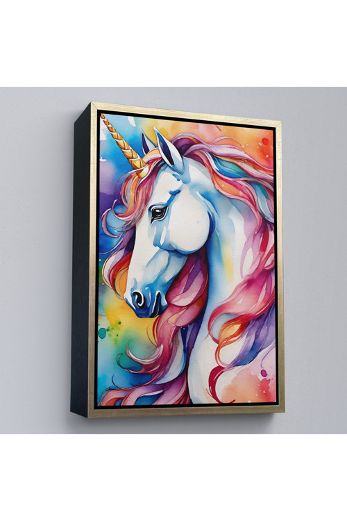 Ahşap Çerçeveli Sevimli Renkli Unicorn Tablosu-7919