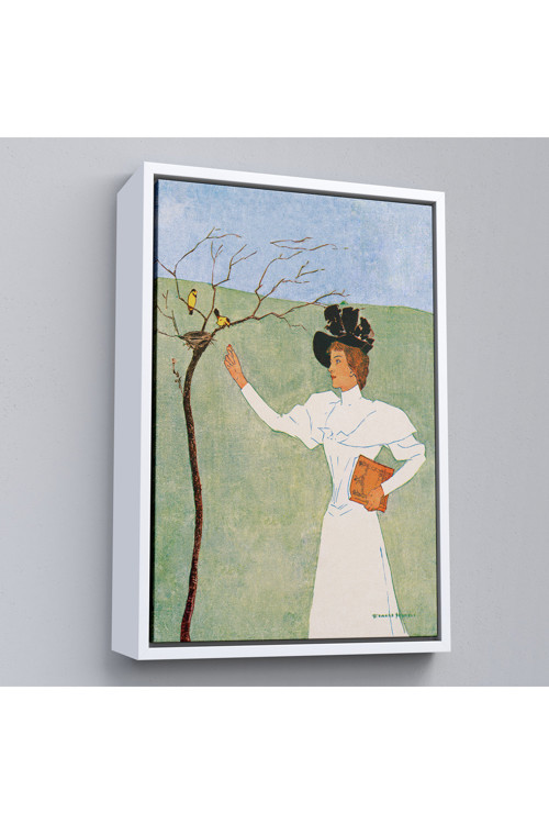 Ahşap Çerçeveli Edward Penfield - Kuşlara Uzanan Kadın Tablo-8045
