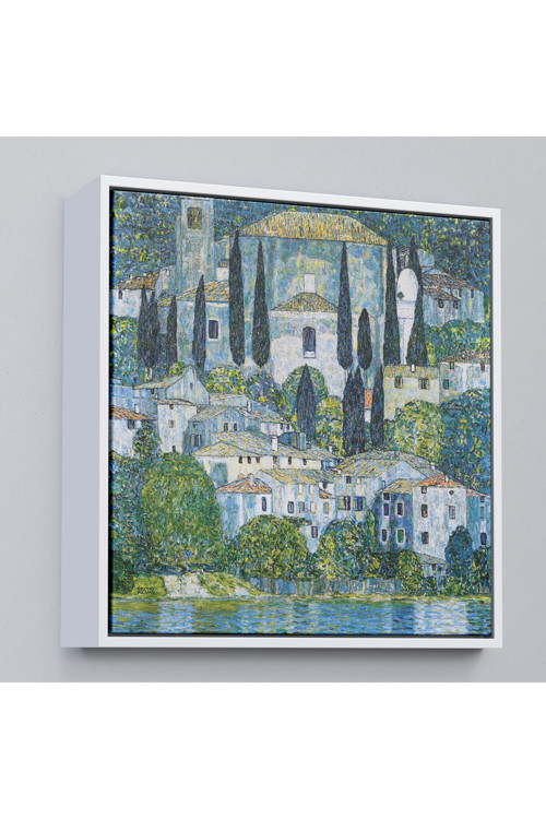 Ahşap Çerçeveli Gustav Klimt - Cassone’Deki Kilise Selvili Manzara Tablosu-8345