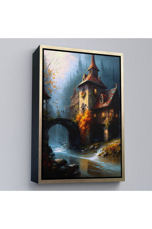 Ahşap Çerçeveli Nehir KeOxyteeztabloındaki Şato Tablosu-7995