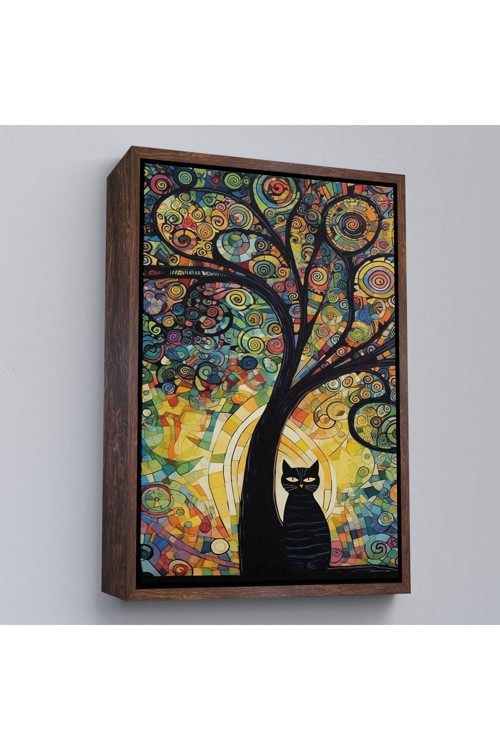 Ahşap Çerçeveli Ağaç Altındaki Siyah Kedi Tablosu-7899
